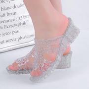 凉鞋女夏季2023水晶塑料凉鞋高跟，厚底女凉拖鞋妈妈坡跟室外凉拖鞋