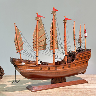 郑和宝船实木质福船帆船模型，中式家居摆件，一帆风顺纯手工艺品装饰