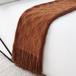 床尾巾针织盖毯装饰沙发毛毯暗橘色纯色简约风美式复古设计师款