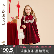 littletime女童酒红色金丝绒裙2023春秋拜年服长袖公主连衣裙