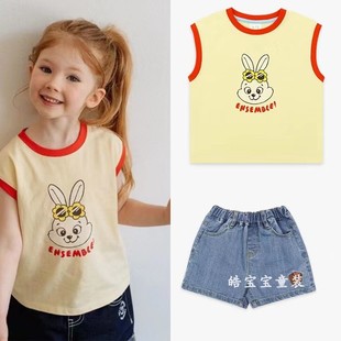 韩国童装23夏婴儿宝宝男女童黄色兔子背心上衣牛仔短裤3456