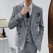 英伦轻奢西装男韩版修身新郎外套高级感百搭千鸟格双排扣西服套装