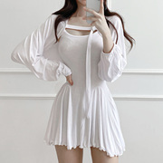 韩国复古小香风连衣裙高级感气质高腰显瘦背心裙+外套两件套装女