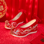 原创红色古风汉服婚鞋中式复古秀禾婚鞋高跟新娘结婚鞋坡跟绣