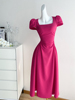 红色复古短袖连衣裙女夏季长裙高级感气质法式赫本风收腰显瘦裙子