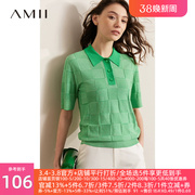 amii2023早春polo领短袖，高级感格纹提花，仿亚麻针织衫女上衣