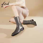 fed法式短靴冬季靴子平底真皮英伦风瘦瘦靴中筒靴1111-ZFB550