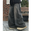 mrdong韩国男装街头vintage复古水洗色阔腿弧形，气球裤牛仔裤