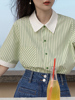 拼接撞色Polo领条纹短袖衬衫女夏季法式复古气质别致绿色衬衣