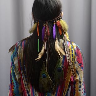 邵约伦波西米亚民族风印第安嬉皮流苏发绳孔雀羽毛头饰女海边发带