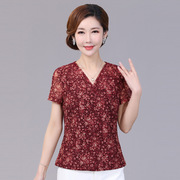 竹语声品牌短袖夏装中年女装台湾网纱大码妈妈装t恤小衫上衣