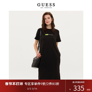 GUESS24年春季女士绣花短袖圆领黑色宽松连衣裙-Q3PK33K2Q40