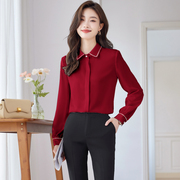 酒红色衬衫女秋装设计感上衣气质时尚高级感醋酸缎面韩版通勤衬衣