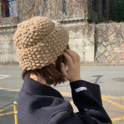 手工粗线针织帽子女冬季休闲保暖百搭显脸小毛线帽ins潮奶奶帽