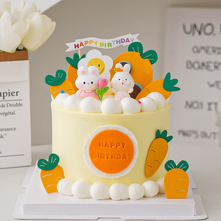 儿童周岁生日蛋糕装饰可爱卡通，小兔子摆件兔宝宝百天满月烘焙装扮