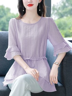 紫色喇叭袖雪纺衫女夏季2024气质，收腰裙摆小衫中长款遮肚上衣