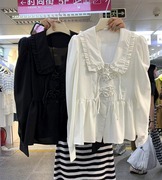 韩国东大门2024春季时尚气质，甜美宽松白色娃娃领长袖衬衫女装