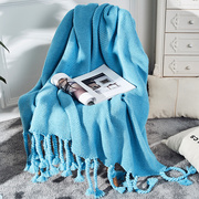 浅蓝色搭毯北欧多色辫子毛线毯(毛，线毯)针织流苏沙发，毯床尾毯粗线午睡毯子