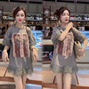 欧洲站2024韩版洋气蕾丝，短袖中长款宽松t恤女夏时尚(夏时尚)圆领卫衣
