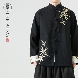 春季新中式男装棉麻唐装外套中国风汉服亚麻盘扣衬衫竹子刺绣衬衣