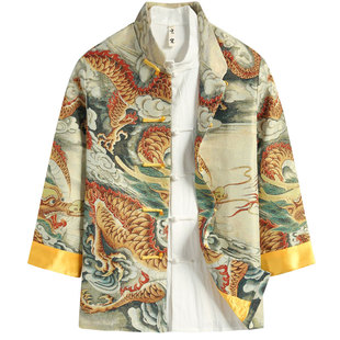 唐装男春季中国风龙纹印花外套，男中式国潮改良复古印花上衣