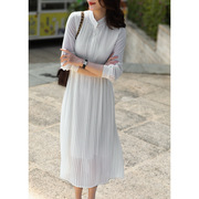 白色连衣裙女长袖2023春季气质雪纺衬衫裙法式仙女裙收腰显瘦