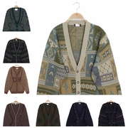 秋冬日本vintage复古古着孤品波普风男羊毛衣，开衫条纹菱格抽象