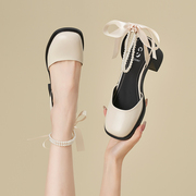卓诗尼一字带高跟凉鞋女白色，2024夏法式(夏法式)方头玛丽珍鞋粗跟包头单鞋