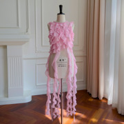 法式甜美仙气粉色珍珠，雪纺衫荷叶，边不规则流苏无袖衬衫上衣