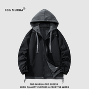 fogmurua外套男春秋季潮流假两件连帽冲锋衣，户外防水设计感夹克