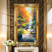 玄关油画手绘竖版欧式壁画，客厅风景过道挂画法式装饰画动物九鱼图