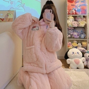 三层加绒加厚珊瑚绒夹棉睡衣秋冬季女款hellokitty可爱保暖家居服