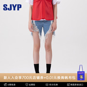 sjyp韩国潮牌高腰美式破洞牛仔短裤，蓝色显瘦毛边短裤女夏天
