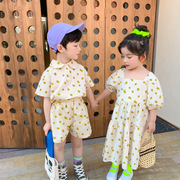 儿童兄妹装夏季韩国男女童连衣裙短袖碎花裙宝宝花朵衬衫上衣