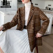 双面羊毛大衣女短款小个子，2023秋冬季双排扣格子西装毛呢外套