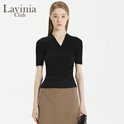 拉维妮娅秋季女士针织衫，上衣v领短袖，薄款套头显瘦短款