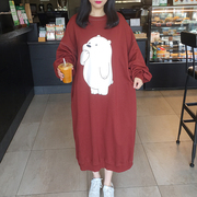 2024春季韩国东大门大码女装，卡通小熊蝙蝠袖中长款套头卫衣裙棉
