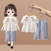 女童夏装套装2023韩版童装洋气牛仔裤宝宝时髦长袖t恤两件套