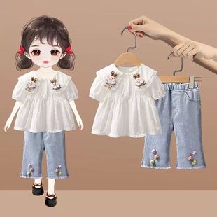 女童夏装套装2023韩版童装洋气牛仔裤，宝宝时髦长袖t恤两件套