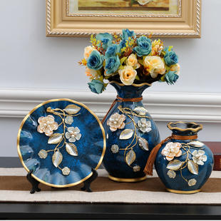 欧式陶瓷花瓶三件套客厅，现代简约创意摆件，玄关酒柜家居镶钻装饰品