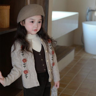 韩国童装女童针织衫外套，春季洋气女宝宝花朵，韩版儿童开衫毛衣