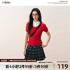 7shiftin原创设计夏季学院风，红色修身毛衣泡泡袖，衬衫百褶裙套装女