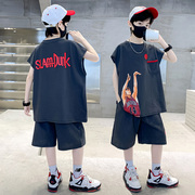 男童夏季背心套装儿童洋气韩版纯棉，球衣中大童，宽松无袖运动篮球服