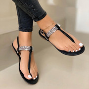 夏季平底水钻夹趾扣带40-43休闲凉鞋女 women's Sandals