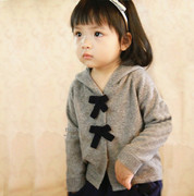 韩版女童带帽羊绒衫开衫加厚毛衣外套针织蝴蝶结宝宝暗扣