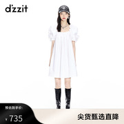 dzzit地素23春秋甜酷少女方领花苞泡泡袖，小花链条装饰连衣裙