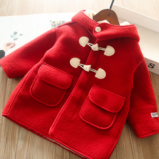 22冬季女童韩版洋气呢大衣，中长款加绒加厚新年圣诞大红色连帽外套