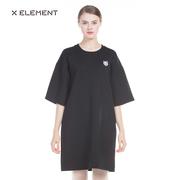 自然元素女装春秋熊猫刺绣圆领五分袖黑色休闲连衣裙T恤裙