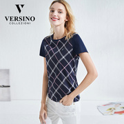 versino梵思诺女装，夏季短袖年女圆领，纯棉时尚格子t恤