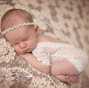 欧美新生儿蕾丝拍照衣带钻珍珠发饰雪纺花边摄影爬服发带